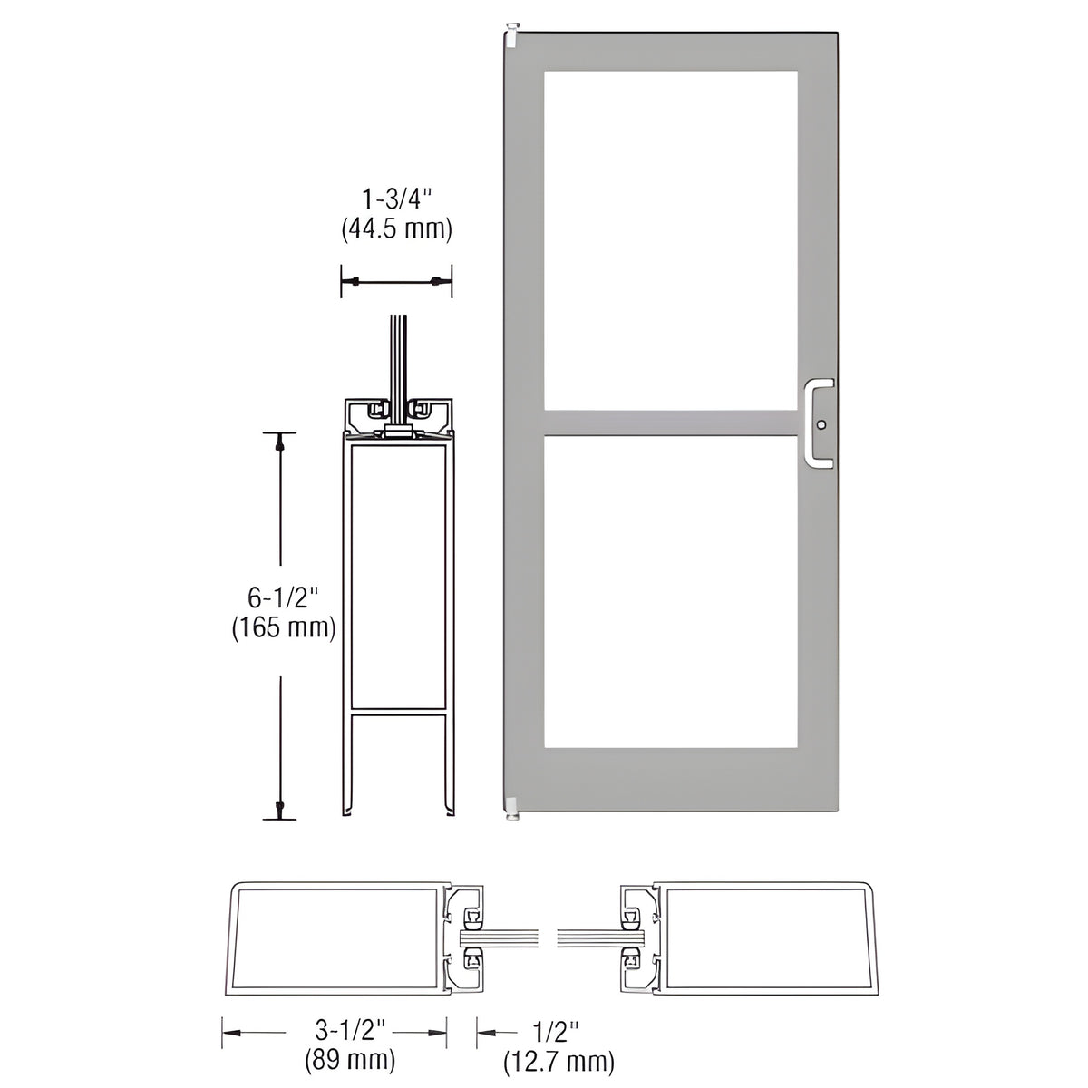 CRL-U.S. Aluminum Clear Anodized 400 Series Medium Stile (LHR) HLSO Single 3'0 x 7'0 Offset Hung with Pivots for Surf Mount Closer Complete Panic Door for 1" Glass with Standard MS Lock and Bottom Rail