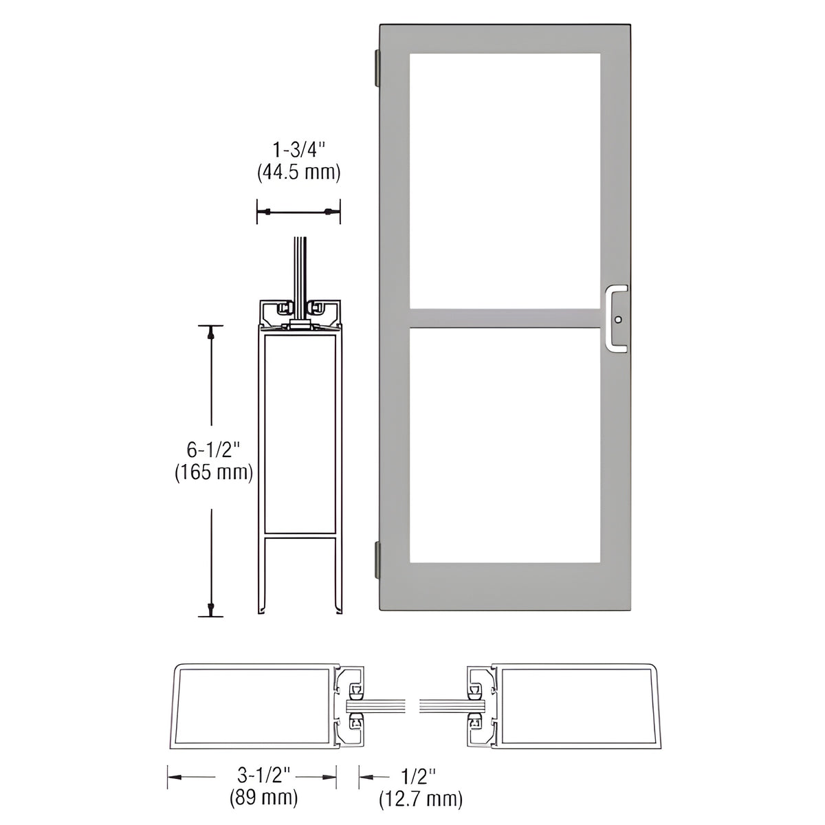 CRL-U.S. Aluminum Clear Anodized 400 Series Medium Stile (LHR) HLSO Single 3'0 x 7'0 Offset Hung with Butt Hinges for Surf Mount Closer Complete Panic Door with Std. Panic and Bottom Rail for 1" Glass with Standard MS Lock and Bottom Rail