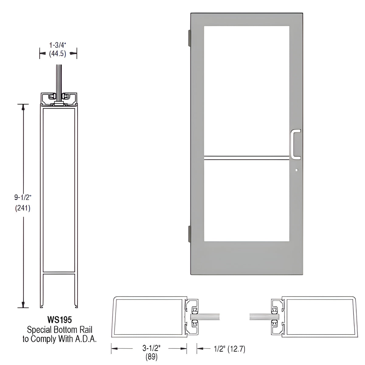 CRL-U.S. Aluminum Clear Anodized 400 Series Medium Stile (LHR) HLSO Single 3'0 x 7'0 Offset Hung with Butt Hinges for Surface Mount Closer Complete ADA Door(s) with Lock Indicator, Cyl Guard