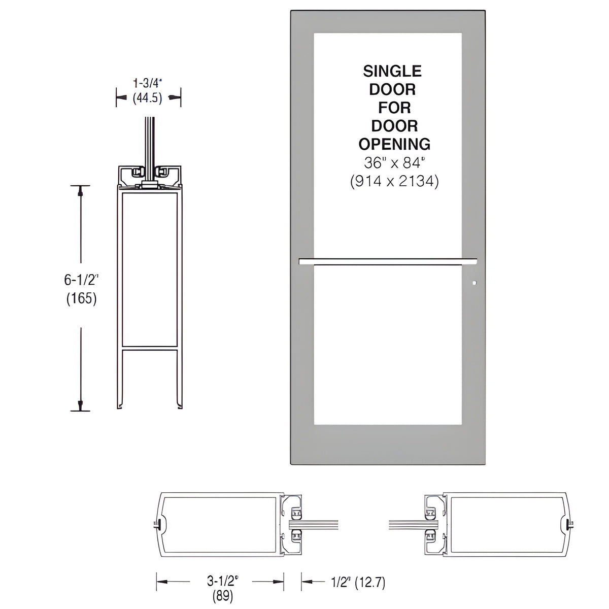 CRL-U.S. Aluminum Clear Anodized 400 Series Medium Stile (LHR) HLSO Single 3'0 x 7'0 Center Hung for OHCC w/Standard Push Bars Complete Door Std. MS Lock & Bottom Rail