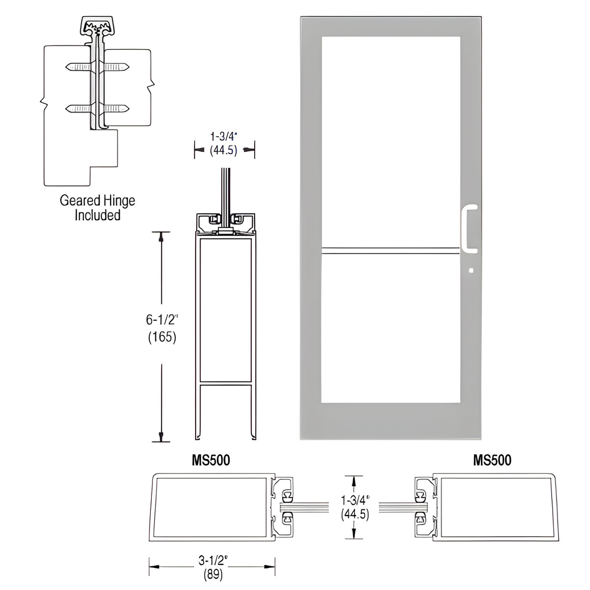CRL-U.S. Aluminum Clear Anodized 400 Series Medium Stile (LHR) HLSO Single 3'0 x 7'0 Offset Hung with Geared Hinged Complete Door Std. MS Lock & Bottom Rail