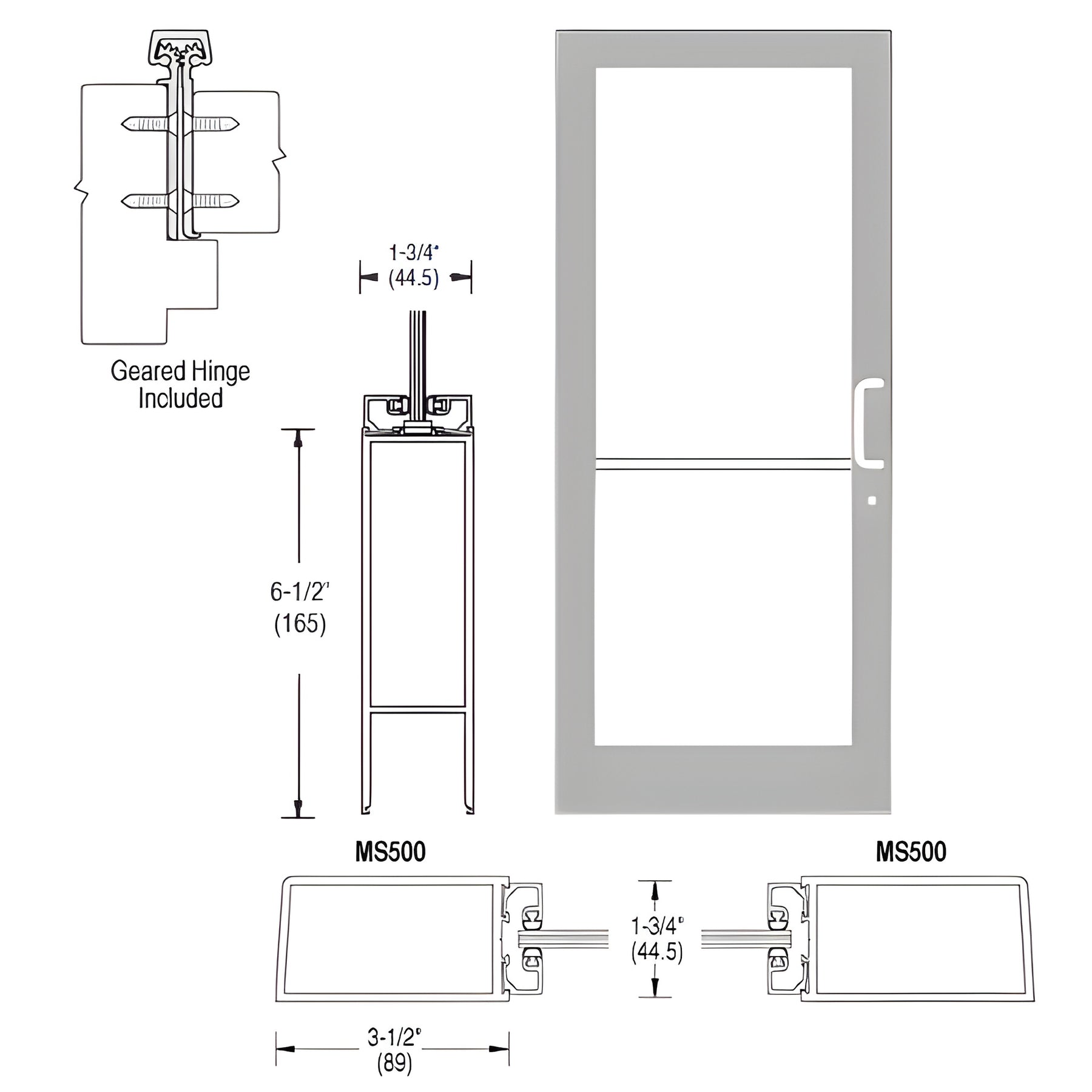 CRL-U.S. Aluminum Clear Anodized 400 Series Medium Stile (LHR) HLSO Single 3'0 x 7'0 Offset Hung with Geared Hinged Complete Door Std. MS Lock & Bottom Rail