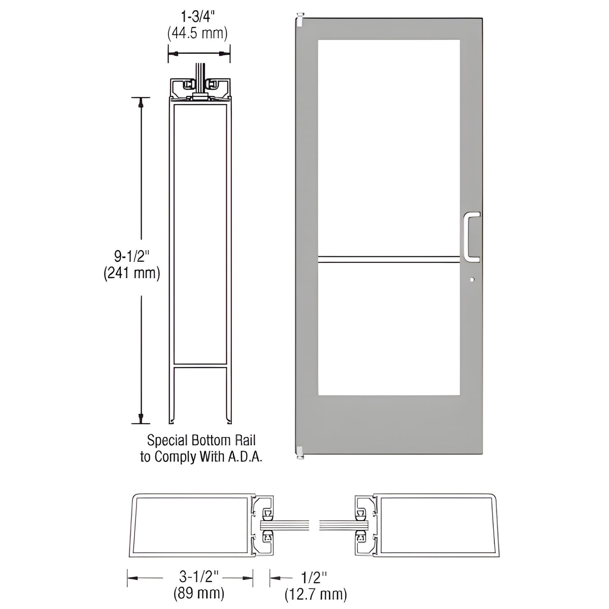 CRL-U.S. Aluminum Clear Anodized 400 Series Medium Stile (LHR) HLSO Single 3'0 x 7'0 Offset Hung with Pivots for Surf Mount Closer Complete Door Std. Lock and 9-1/2" Bottom Rail