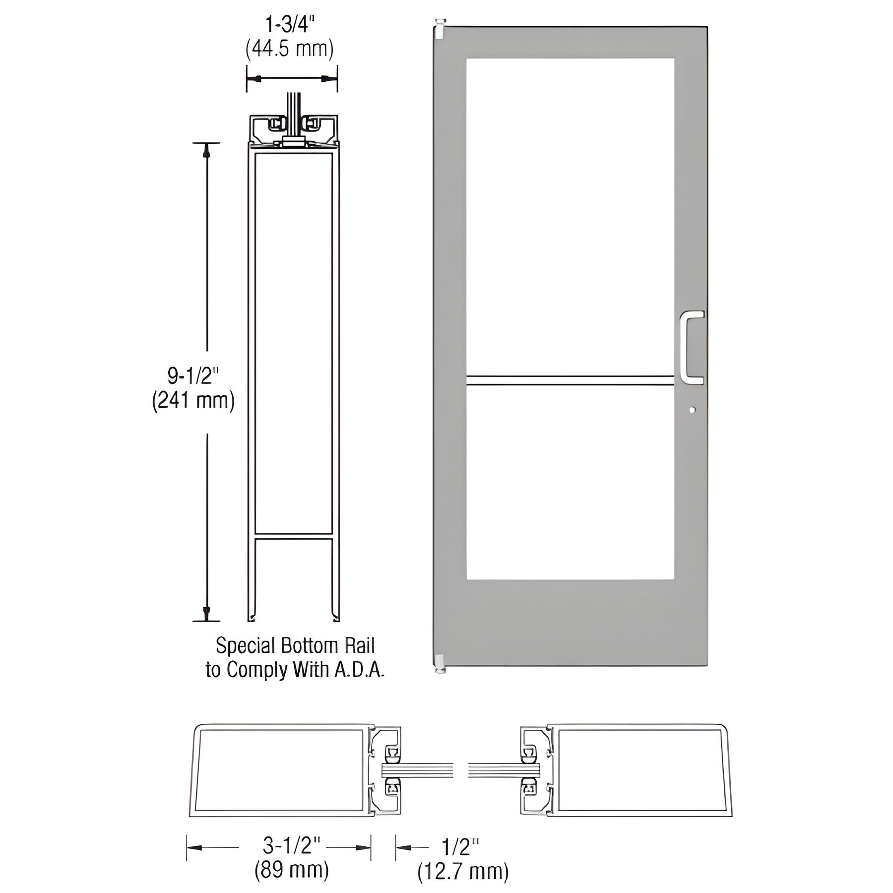 CRL-U.S. Aluminum Clear Anodized 400 Series Medium Stile (LHR) HLSO Single 3'0 x 7'0 Offset Hung with Pivots for Surf Mount Closer Complete Door Std. Lock and 9-1/2" Bottom Rail