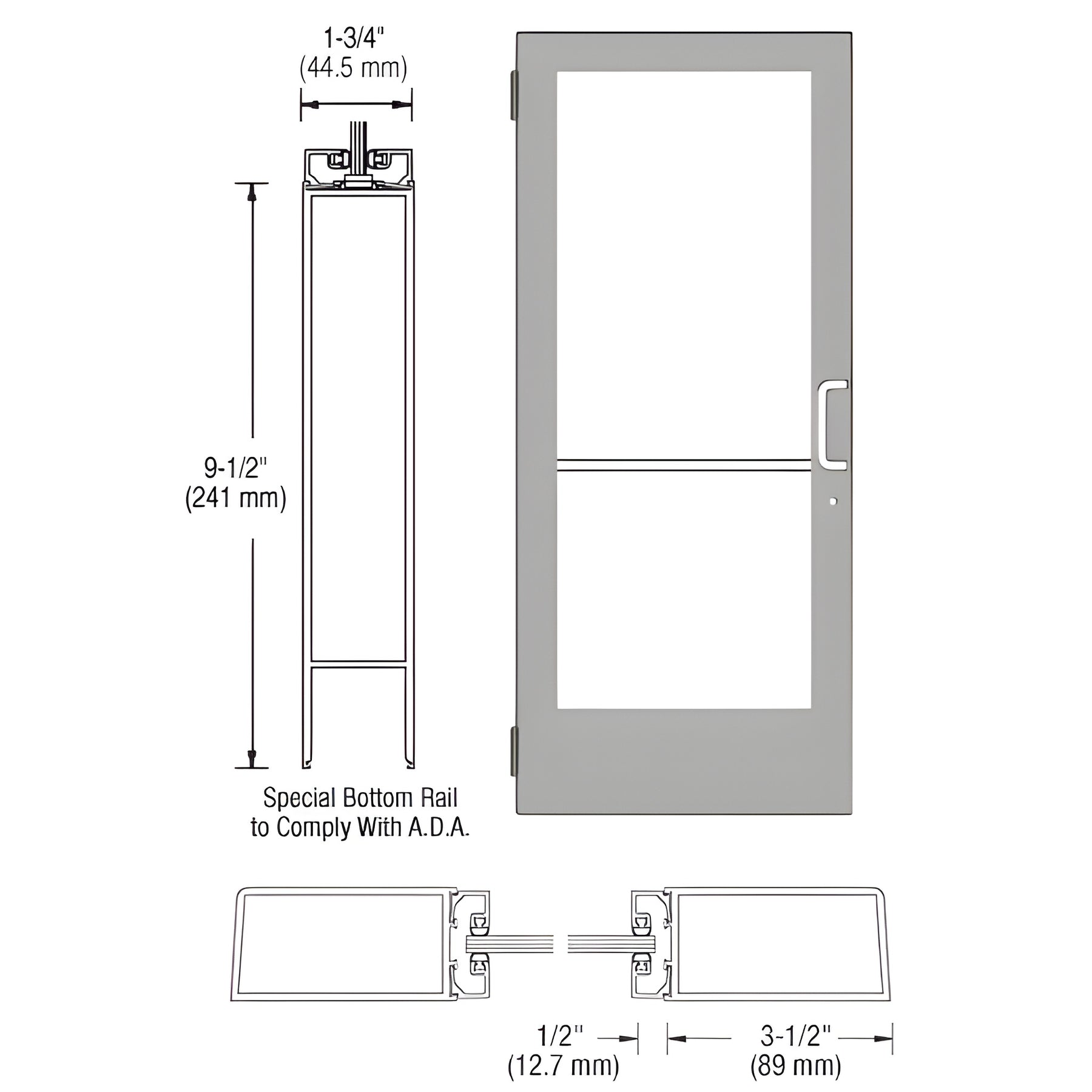 CRL-U.S. Aluminum Clear Anodized 400 Series Medium Stile (LHR) HLSO Single 3'0 x 7'0 Offset Hung with Butt Hinges for Surf Mount Closer Complete Door Std. Lock & 9-1/2" Bottom Rail