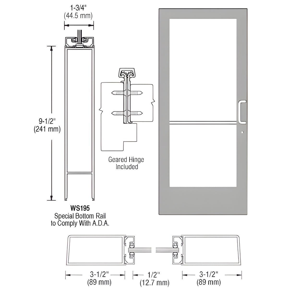 CRL-U.S. Aluminum Clear Anodized 400 Series Medium Stile (LHR) HLSO Single 3'0 x 7'0 Offset Hung with Geared Hinged Complete Door Std. Lock & 9-1/2" Bottom Rail