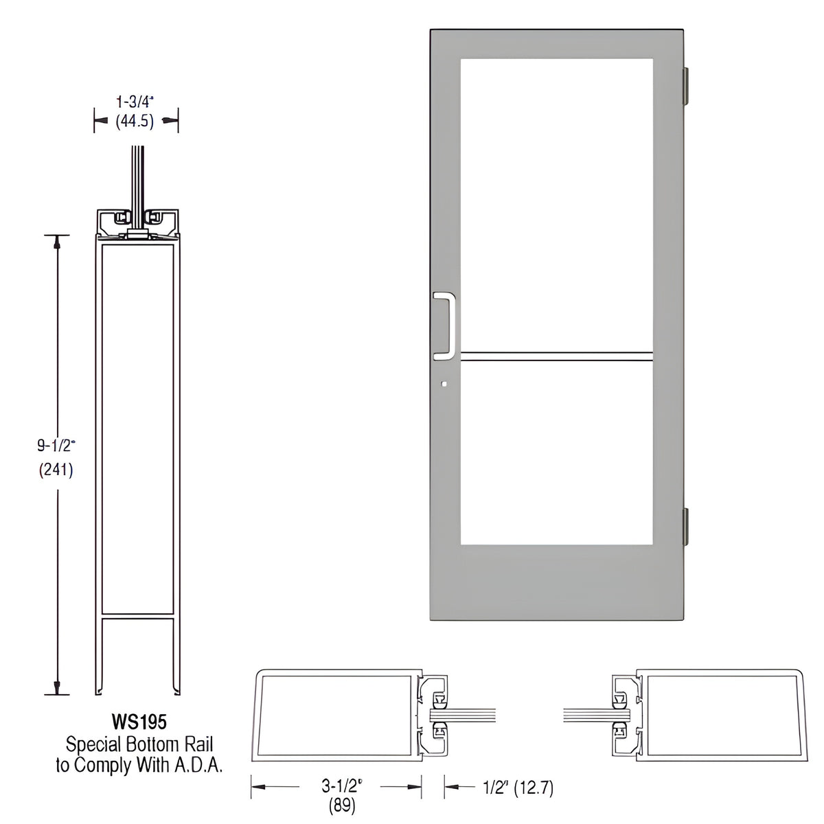 CRL-U.S. Aluminum Clear Anodized 400 Series Medium Stile (RHR) HRSO Single 3'0 x 7'0 Offset Hung with Butt Hinges for Surface Mount Closer Complete ADA Door for 1" Glass with Lock Indicator, Cylinder Guard