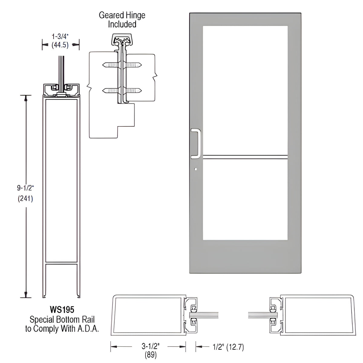 CRL-U.S. Aluminum Clear Anodized 400 Series Medium Stile (RHR) HRSO Single 3'0 x 7'0 Offset Hung with Geared Hinged Complete ADA Door for 1" Glass with Lock Indicator, Cyl Guard