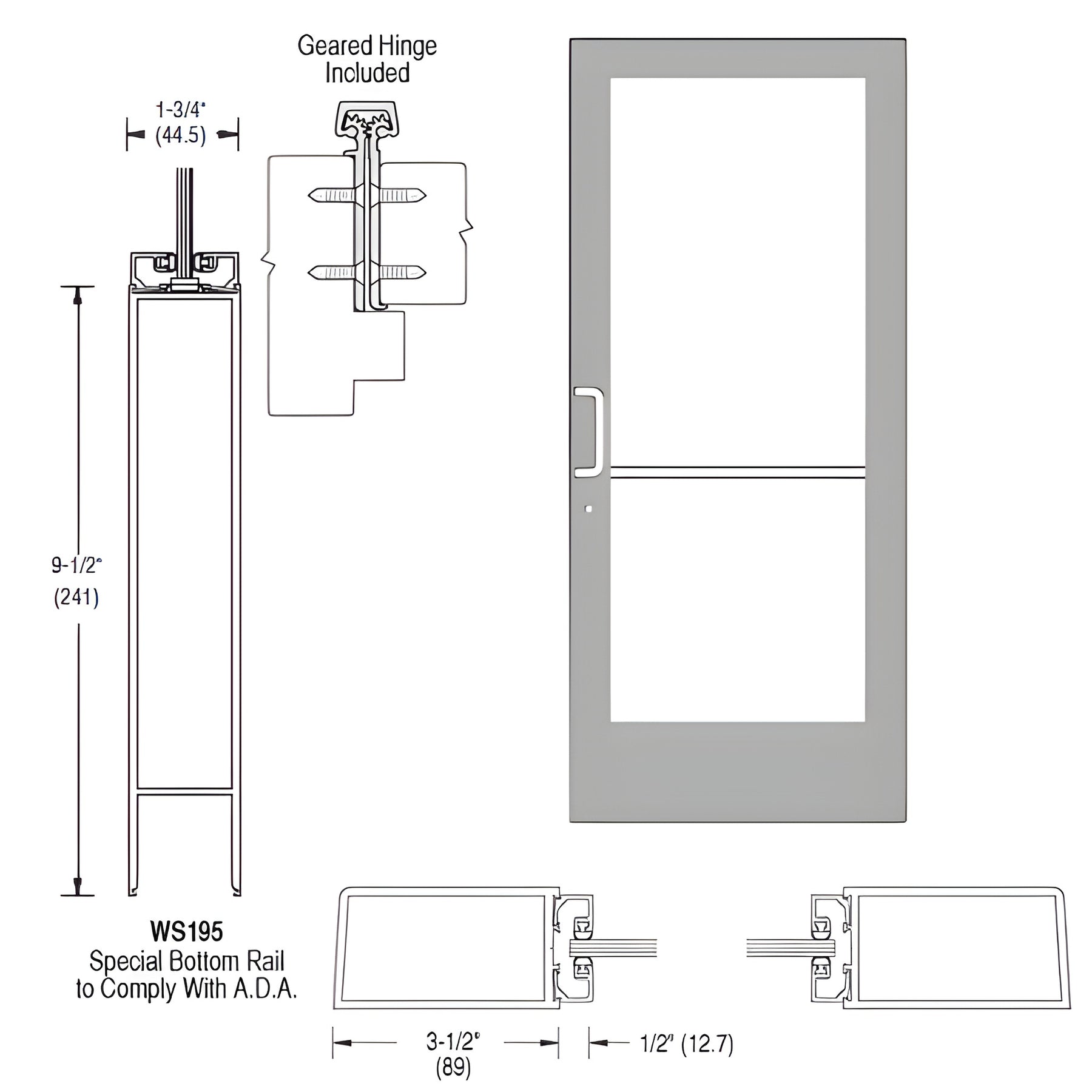 CRL-U.S. Aluminum Clear Anodized 400 Series Medium Stile (RHR) HRSO Single 3'0 x 7'0 Offset Hung with Geared Hinged Complete ADA Door for 1" Glass with Lock Indicator, Cyl Guard