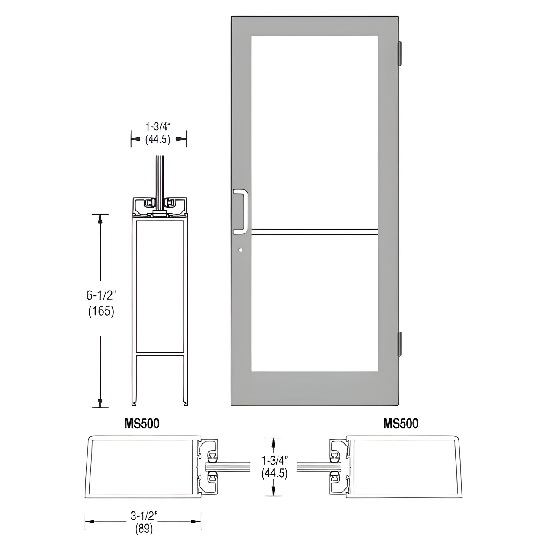 CRL-U.S. Aluminum Clear Anodized 400 Series Medium Stile (RHR) HRSO Single 3'0 x 7'0 Offset Hung with Butt Hinges for Surf Mount Closer Complete Door for 1" Glass with Standard MS Lock and Bottom Rail