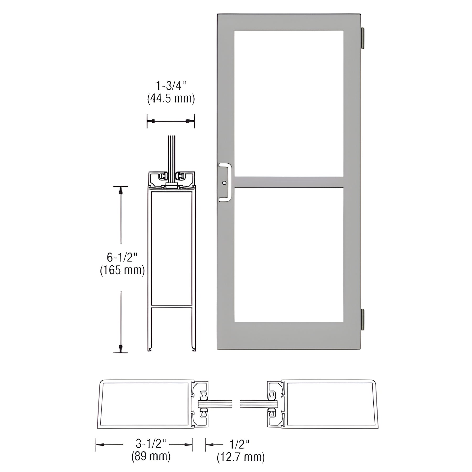 CRL-U.S. Aluminum Clear Anodized 400 Series Medium Stile (RHR) HRSO Single 3'0 x 7'0 Offset Hung with Butt Hinges for Surf Mount Closer Complete Panic Door with Std. Panic and Bottom Rail for 1" Glass with Standard MS Lock and Bottom Rail