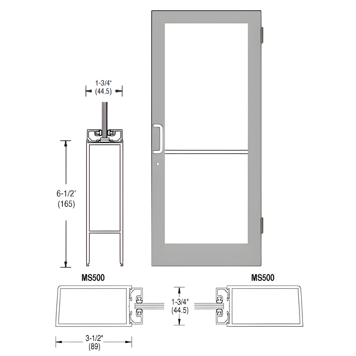 CRL-U.S. Aluminum Clear Anodized 400 Series Medium Stile (RHR) HRSO Single 3'0 x 7'0 Offset Hung with Butt Hinges for Surf Mount Closer Complete Door Std. MS Lock & Bottom Rail
