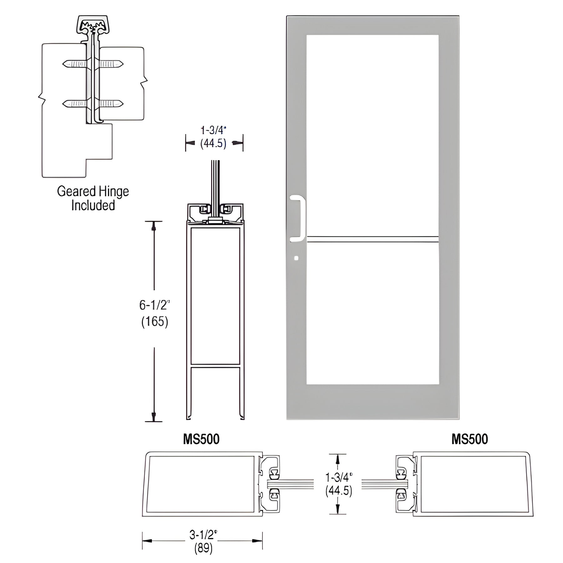 CRL-U.S. Aluminum Clear Anodized 400 Series Medium Stile (RHR) HRSO Single 3'0 x 7'0 Offset Hung with Geared Hinged Complete Door Std. MS Lock & Bottom Rail