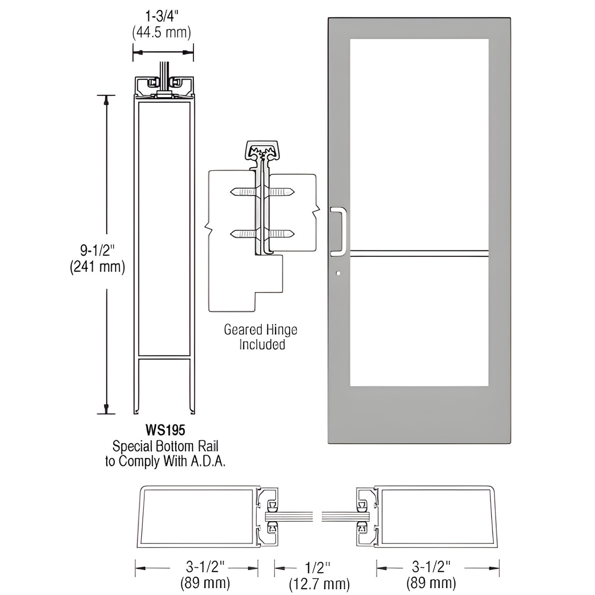 CRL-U.S. Aluminum Clear Anodized 400 Series Medium Stile (RHR) HRSO Single 3'0 x 7'0 Offset Hung with Geared Hinged Complete Door Std. Lock & 9-1/2" Bottom Rail