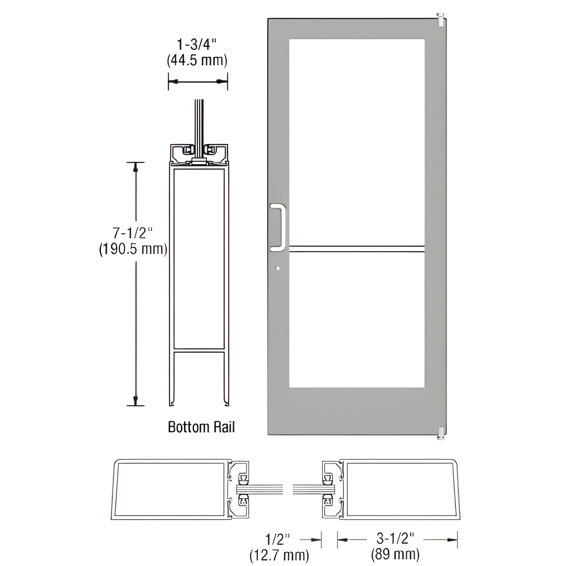CRL-U.S. Aluminum Clear Anodized 400 Series Medium Stile (RHR) HRSO Single 3'0 x 7'0 Offset Hung with Pivots for Surf Mount Closer Complete Door/Std. MS Lock, 7-1/2" Std. Bottom Rail