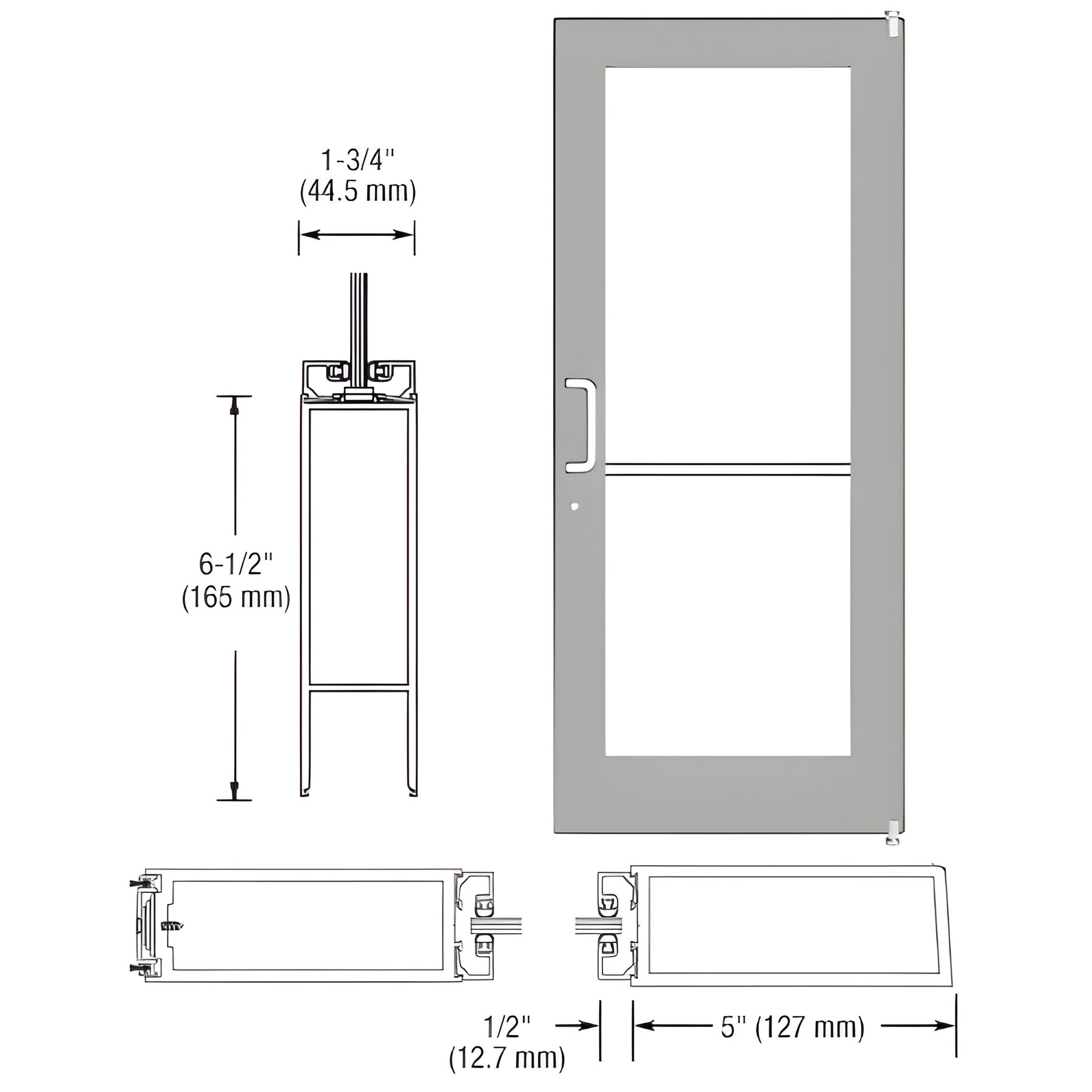 CRL-U.S. Aluminum Clear Anodized 550 Series Wide Stile Active Leaf of Pair 3'0 x 7'0 Offset Hung with Pivots for Surf Mount Closer Complete Door for 1" Glass with Standard MS Lock and Bottom Rail