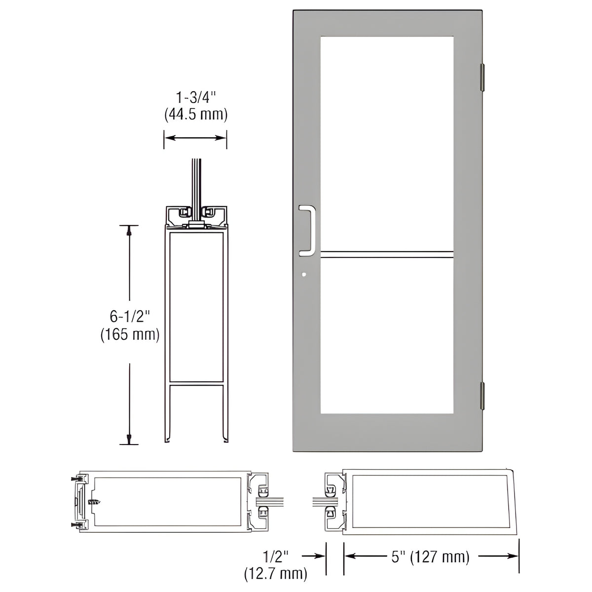 CRL-U.S. Aluminum Clear Anodized 550 Series Wide Stile Active Leaf of Pair 3'0 x 7'0 Offset Hung with Butt Hinges for Surf Mount Closer Complete Door for 1" Glass with Standard MS Lock and Bottom Rail