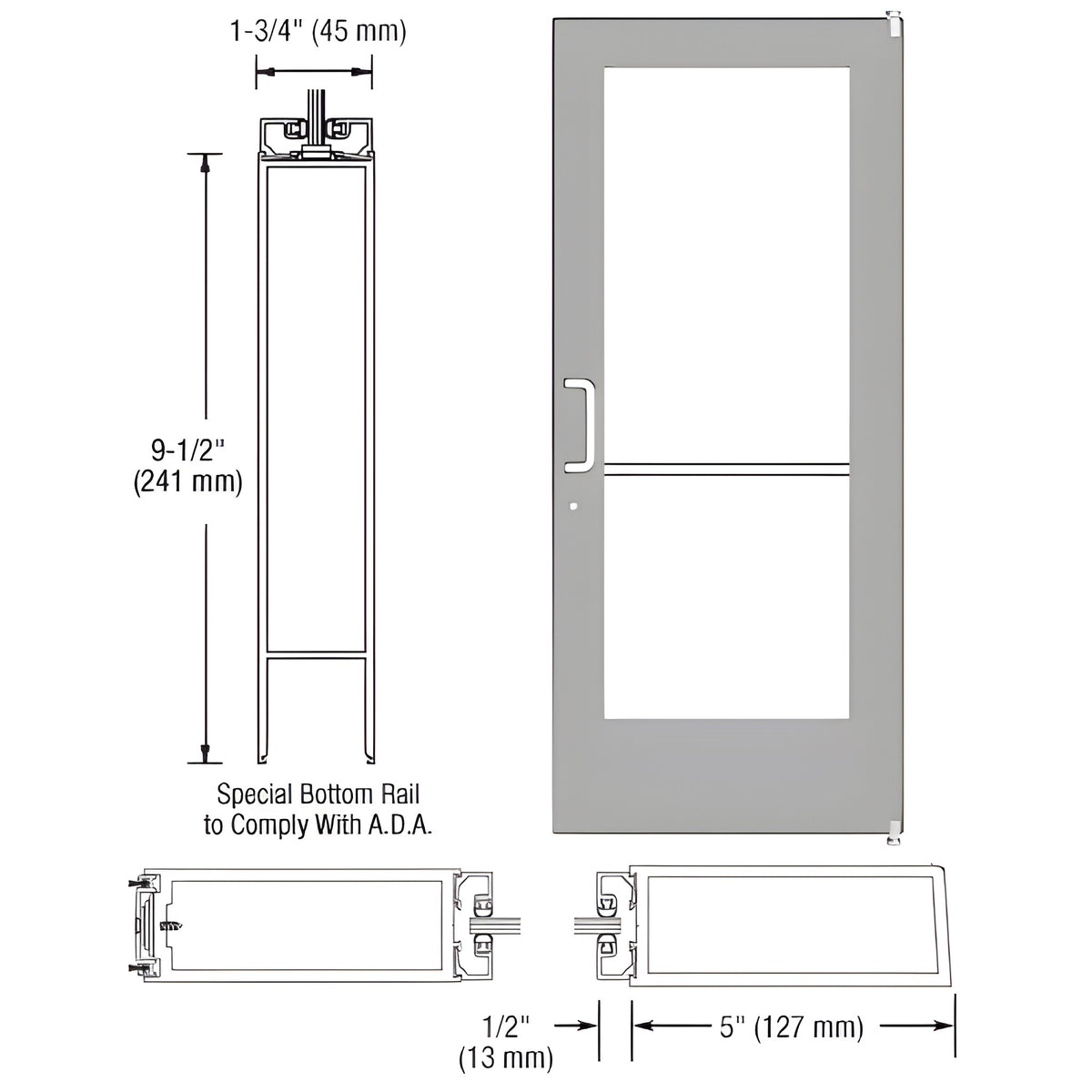 CRL-U.S. Aluminum Clear Anodized 550 Series Wide Stile Active Leaf of Pair 3'0 x 7'0 Offset Hung with Pivots for Surf Mount Closer Complete Door for 1" Glass with Standard MS Lock and Bottom Rail
