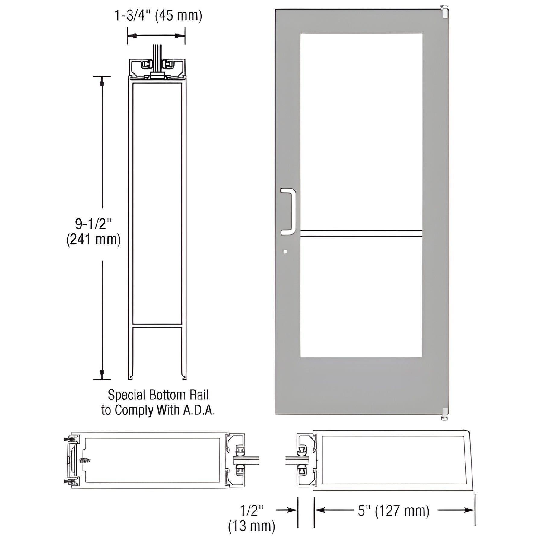 CRL-U.S. Aluminum Clear Anodized 550 Series Wide Stile Active Leaf of Pair 3'0 x 7'0 Offset Hung with Pivots for Surf Mount Closer Complete Door for 1" Glass with Standard MS Lock and Bottom Rail