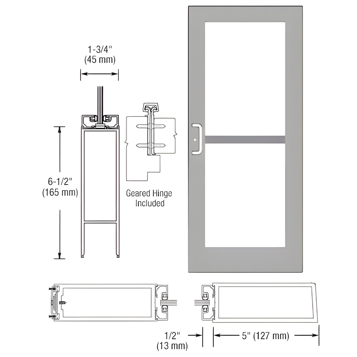 CRL-U.S. Aluminum Clear Anodized 550 Series Wide Stile Active Leaf of Pair 3'0 x 7'0 Offset Hung with Geared Hinged Complete Panic Door with Std. Panic and Bottom Rail Door for 1" Glass with Standard Panic and Bottom Rail