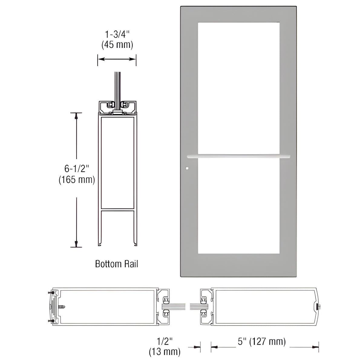 CRL-U.S. Aluminum Clear Anodized 550 Series Wide Stile Active Leaf of Pair 3'0 x 7'0 Center Hung for OHCC with Standard Push Bars Complete Door Std. MS Lock and Bottom Rail