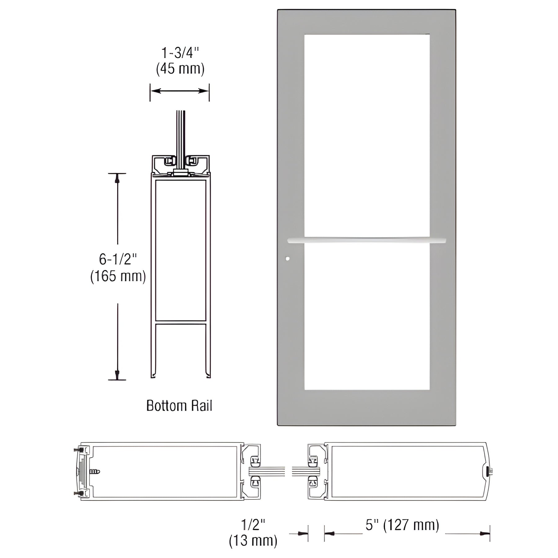 CRL-U.S. Aluminum Clear Anodized 550 Series Wide Stile Active Leaf of Pair 3'0 x 7'0 Center Hung for OHCC with Standard Push Bars Complete Door Std. MS Lock and Bottom Rail