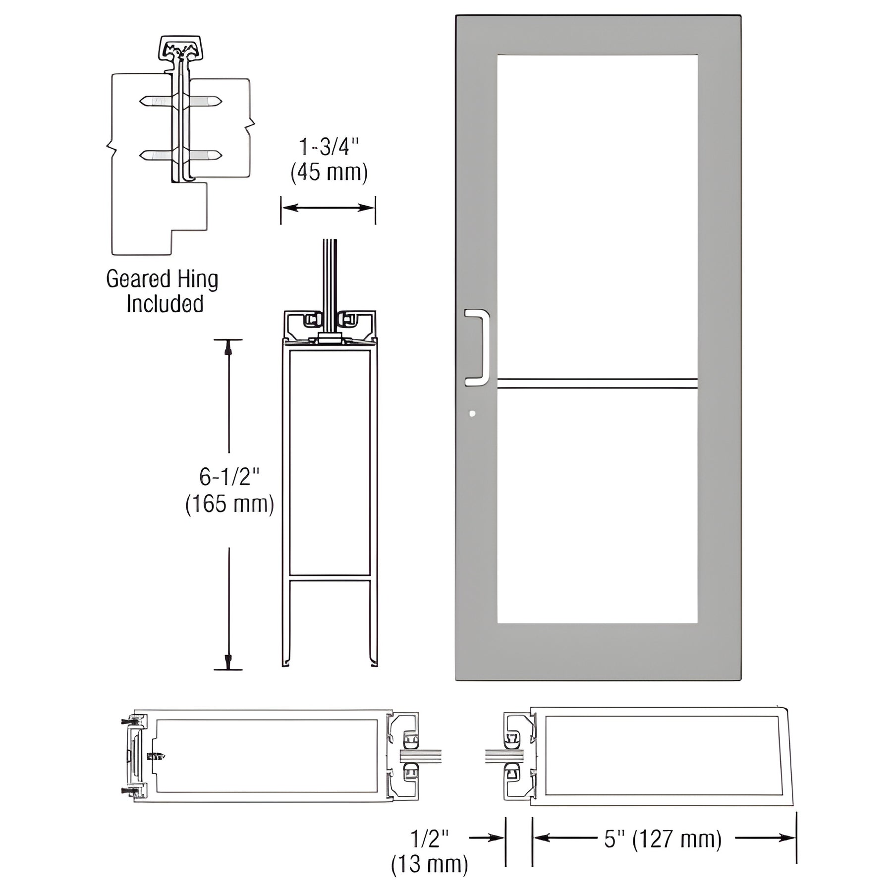 CRL-U.S. Aluminum Clear Anodized 550 Series Wide Stile Active Leaf of Pair 3'0 x 7'0 Offset Hung with Geared Hinged Complete Door Std. MS Lock and Bottom Rail