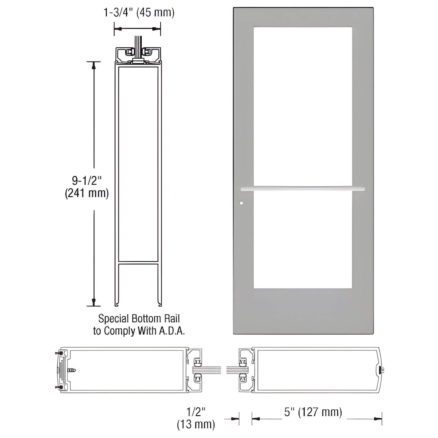 CRL-U.S. Aluminum Clear Anodized 550 Series Wide Stile Active Leaf of Pair 3'0 x 7'0 Center Hung for OHCC w/Standard Push Bars Complete Door Std. Lock and 9-1/2" Bottom Rail