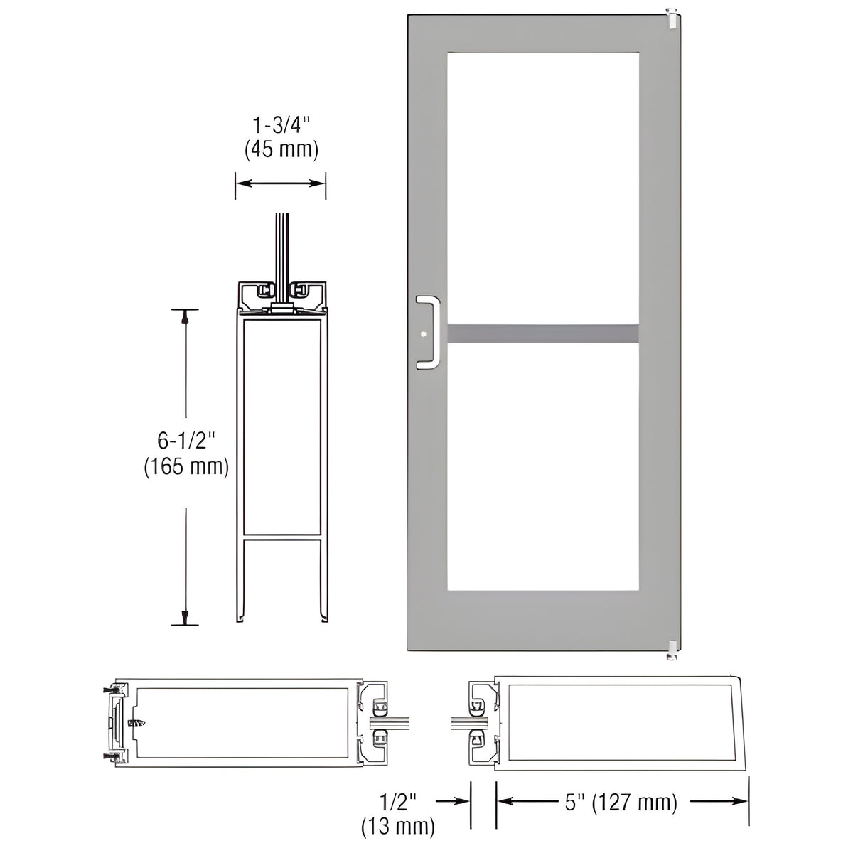 CRL-U.S. Aluminum Clear Anodized 550 Series Wide Stile Active Leaf of Pair 3'0 x 7'0 Offset Hung with Pivots for Surf Mount Closer Complete Panic Door with Std. Panic and Bottom Rail