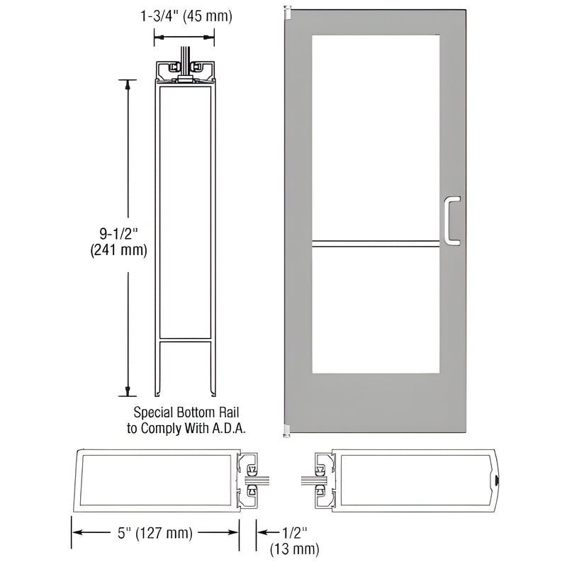 CRL-U.S. Aluminum Clear Anodized 550 Series Wide Stile Inactive Leaf of Pair 3'0 x 7'0 Offset Hung with Pivots for Surf Mount Closer Complete