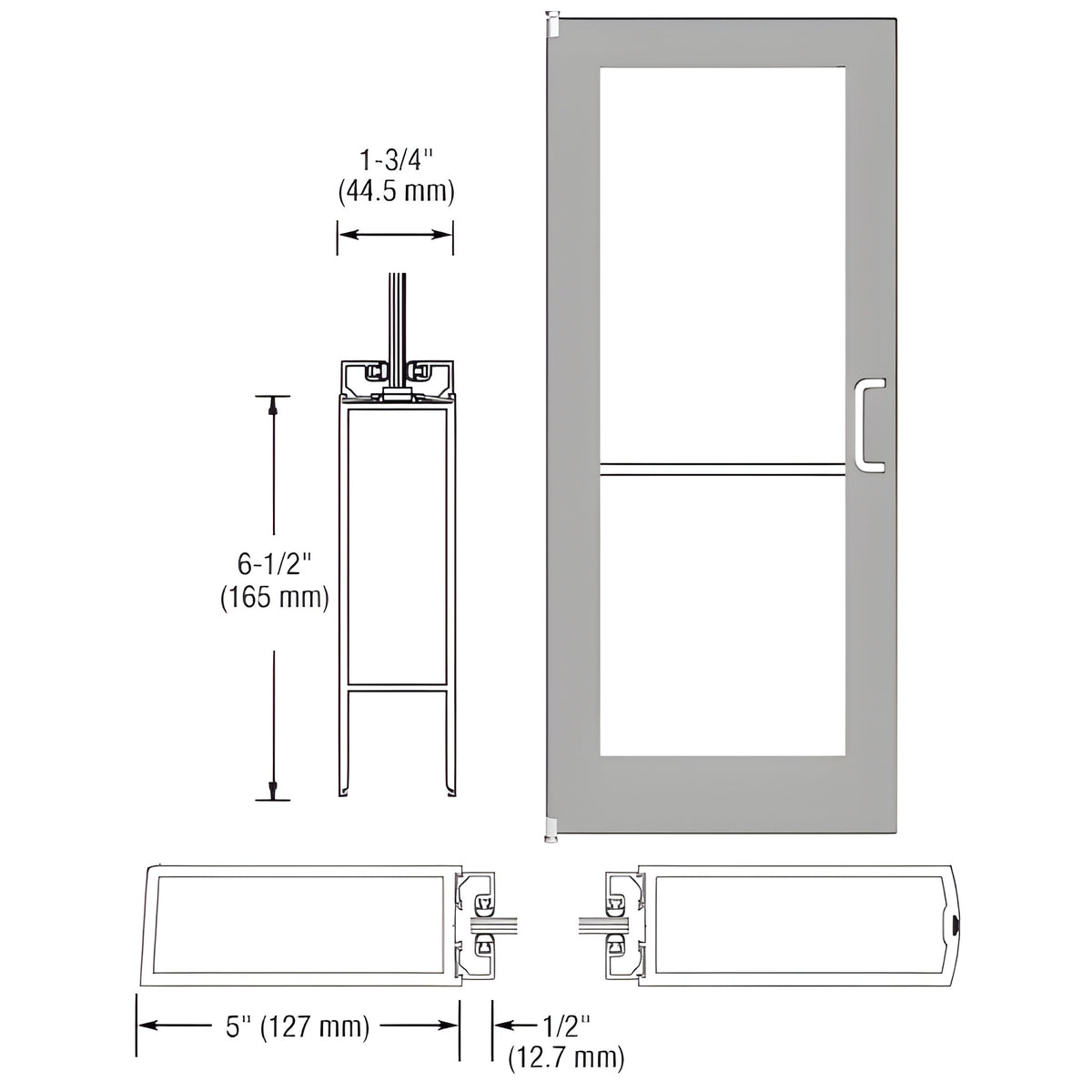 CRL-U.S. Aluminum Clear Anodized 550 Series Wide Stile Inactive Leaf of Pair 3'0 x 7'0 Offset Hung with Pivots for Surf Mount Closer Complete Door for 1" Glass with Standard MS Lock and Bottom Rail