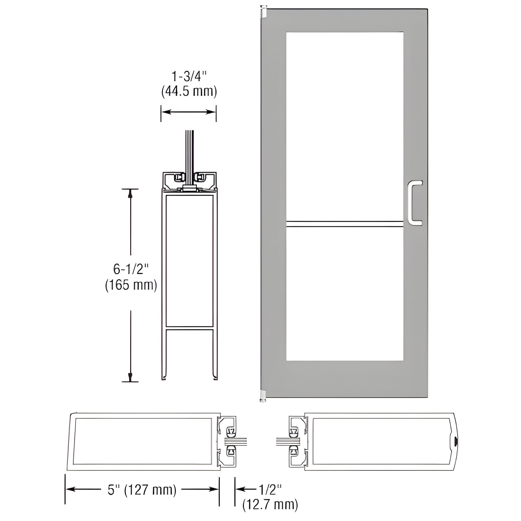 CRL-U.S. Aluminum Clear Anodized 550 Series Wide Stile Inactive Leaf of Pair 3'0 x 7'0 Offset Hung with Pivots for Surf Mount Closer Complete Door for 1" Glass with Standard MS Lock and Bottom Rail
