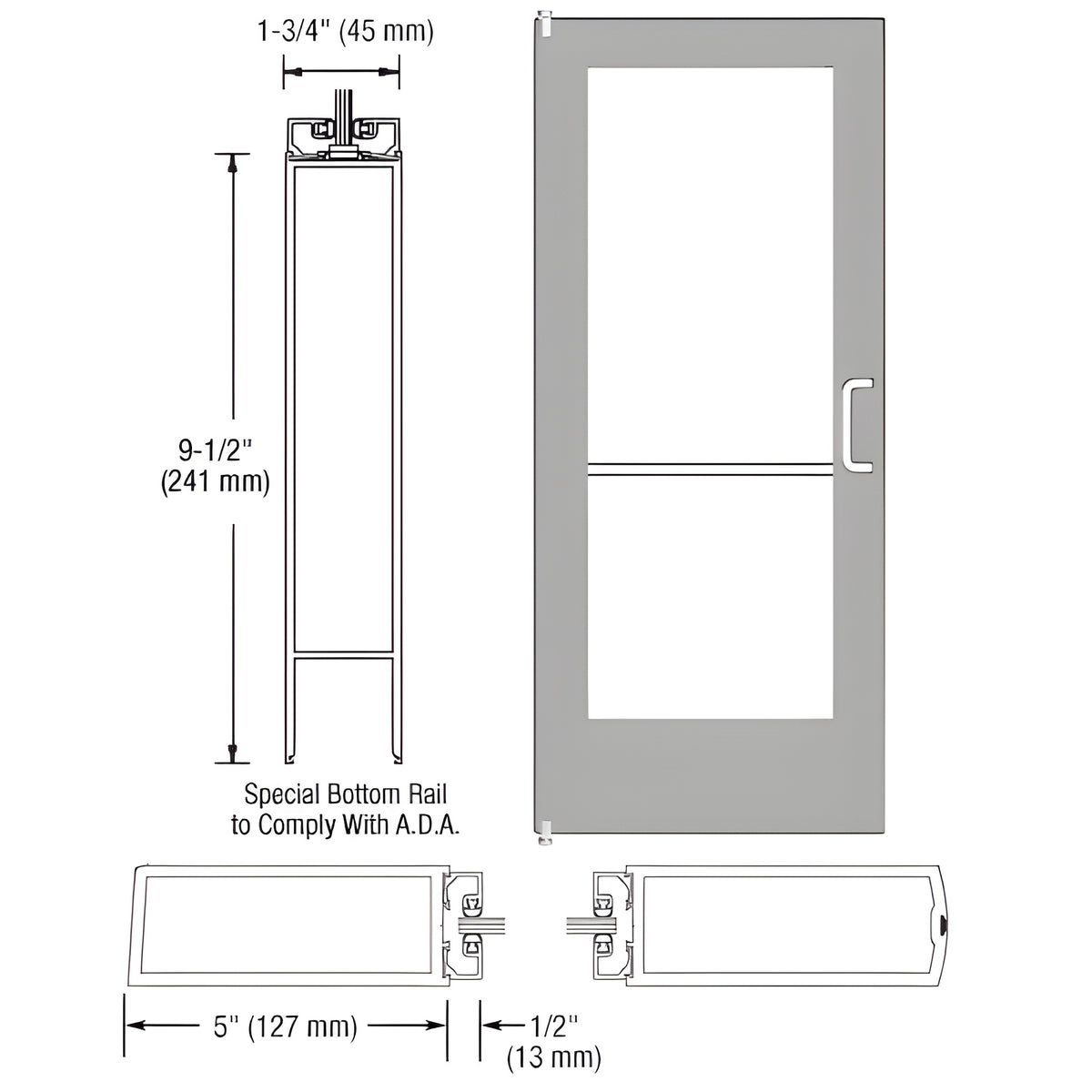 CRL-U.S. Aluminum Clear Anodized 550 Series Wide Stile Inactive Leaf of Pair 3'0 x 7'0 Offset Hung with Pivots for Surf Mount Closer Complete Door Std. Lock and 9-1/2" Bottom Rail for 1" Glass with Standard MS Lock and Bottom Rail