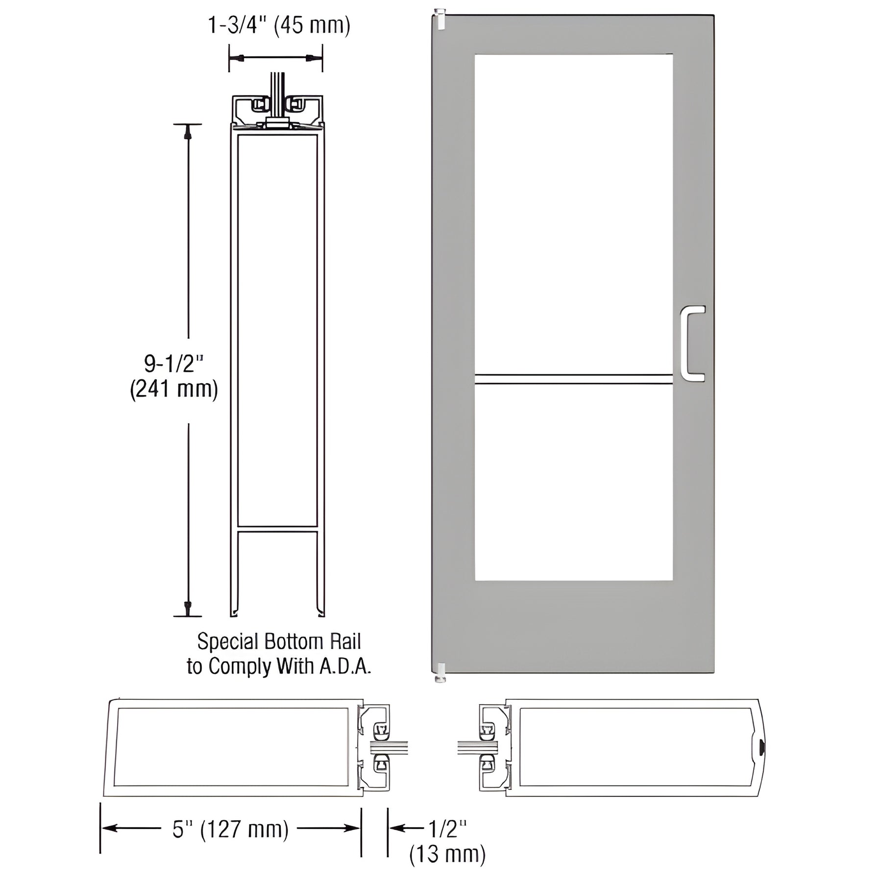 CRL-U.S. Aluminum Clear Anodized 550 Series Wide Stile Inactive Leaf of Pair 3'0 x 7'0 Offset Hung with Pivots for Surf Mount Closer Complete Door Std. Lock and 9-1/2" Bottom Rail for 1" Glass with Standard MS Lock and Bottom Rail
