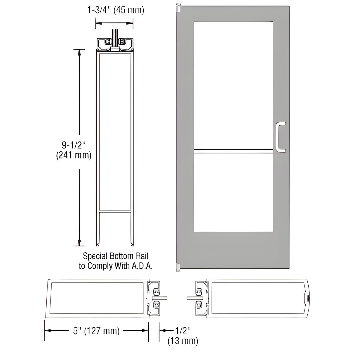 CRL-U.S. Aluminum Clear Anodized 550 Series Wide Stile Inactive Leaf of Pair 3'0 x 7'0 Offset Hung with Pivots for Surf Mount Closer Complete ADA Door(s) with Lock Indicator, Cylinder Guard