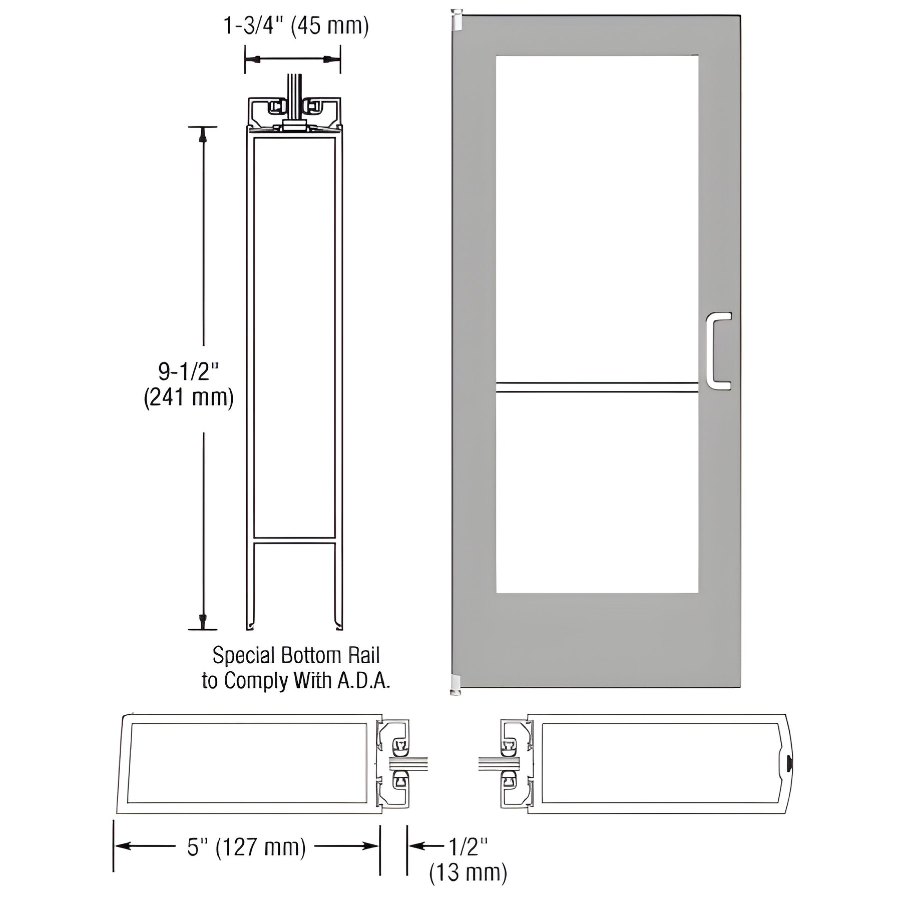 CRL-U.S. Aluminum Clear Anodized 550 Series Wide Stile Inactive Leaf of Pair 3'0 x 7'0 Offset Hung with Pivots for Surf Mount Closer Complete ADA Door(s) with Lock Indicator, Cylinder Guard