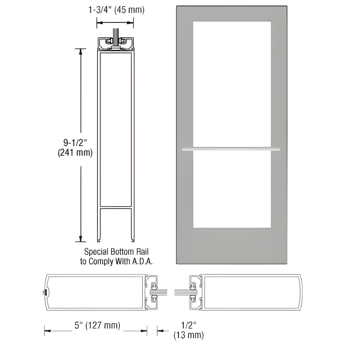 CRL-U.S. Aluminum Clear Anodized 550 Series Wide Stile Inactive Leaf of Pair 3'0 x 7'0 Center Hung for OHCC w/Standard Push Bars Complete ADA Door(s) with Lock Indicator, Cyl Guard