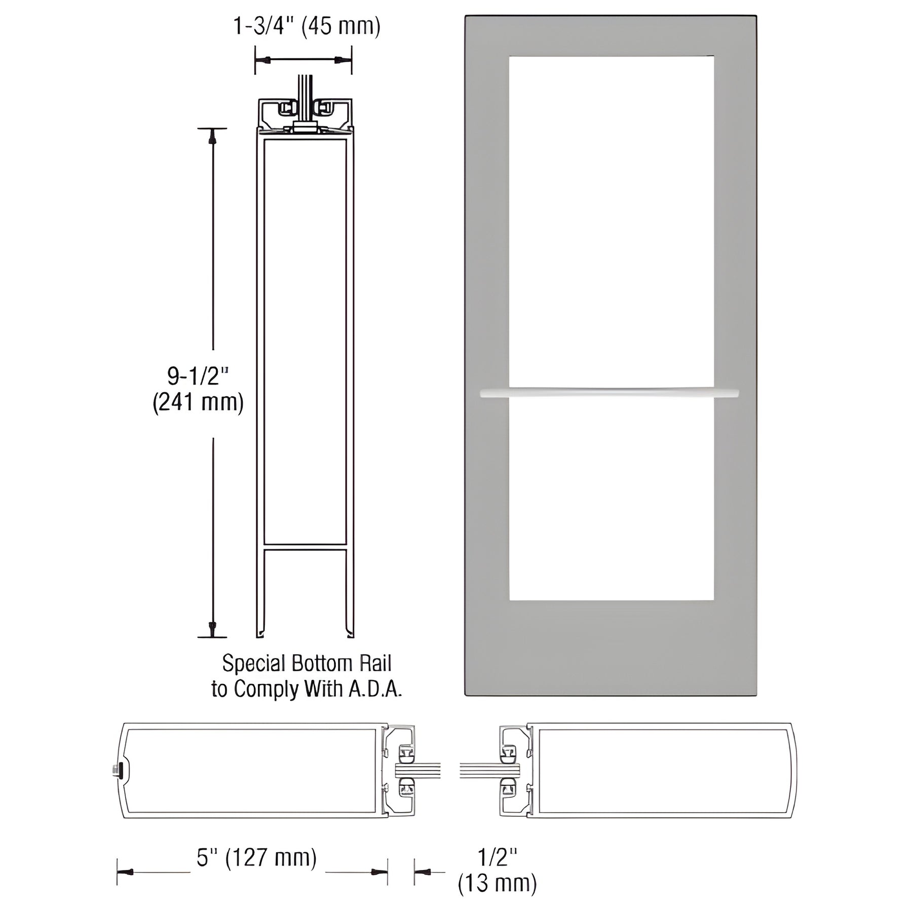 CRL-U.S. Aluminum Clear Anodized 550 Series Wide Stile Inactive Leaf of Pair 3'0 x 7'0 Center Hung for OHCC w/Standard Push Bars Complete ADA Door(s) with Lock Indicator, Cyl Guard