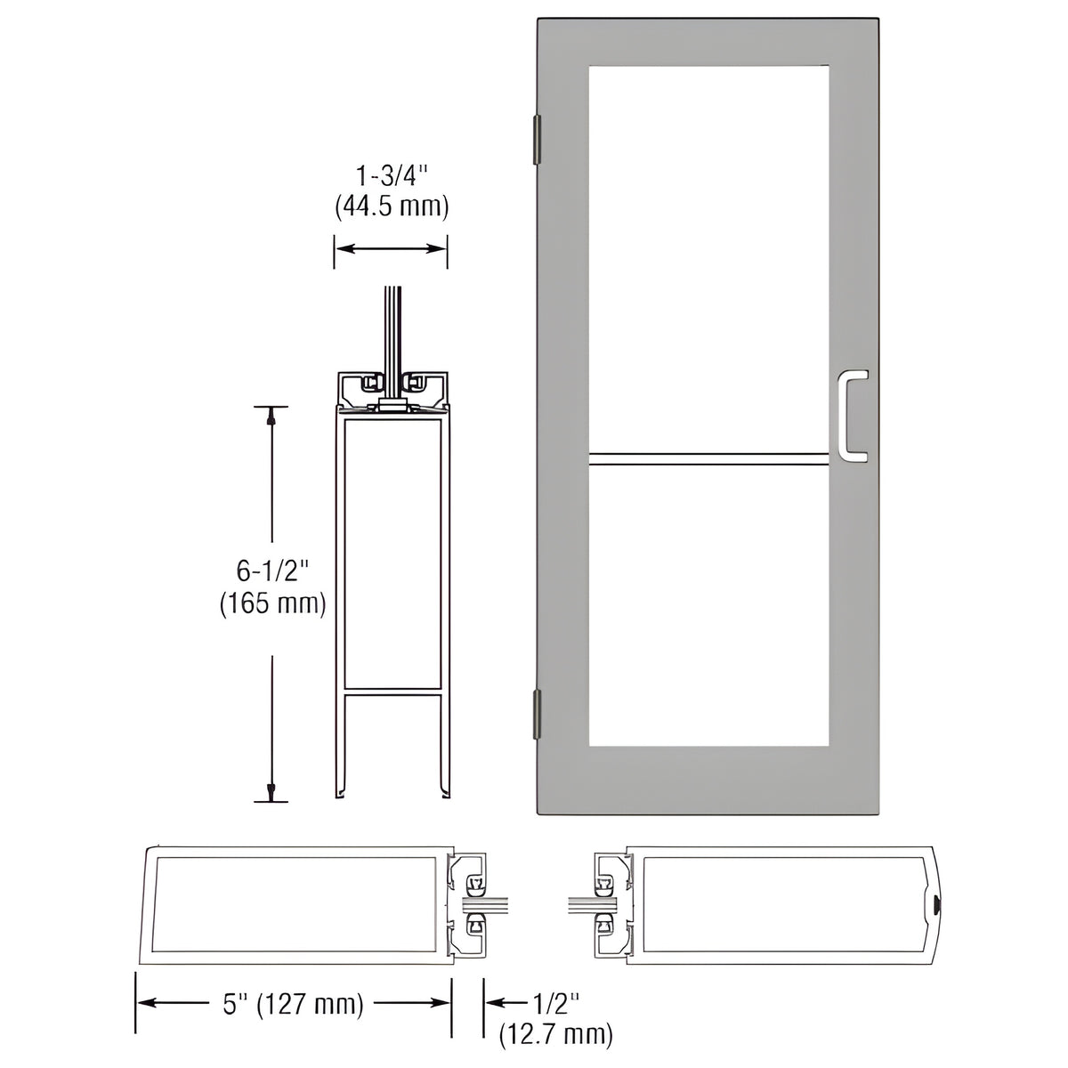 CRL-U.S. Aluminum Clear Anodized 550 Series Wide Stile Inactive Leaf of Pair 3'0 x 7'0 Offset Hung with Butt Hinges for Surf Mount Closer Complete Door Std. MS Lock and Bottom Rail