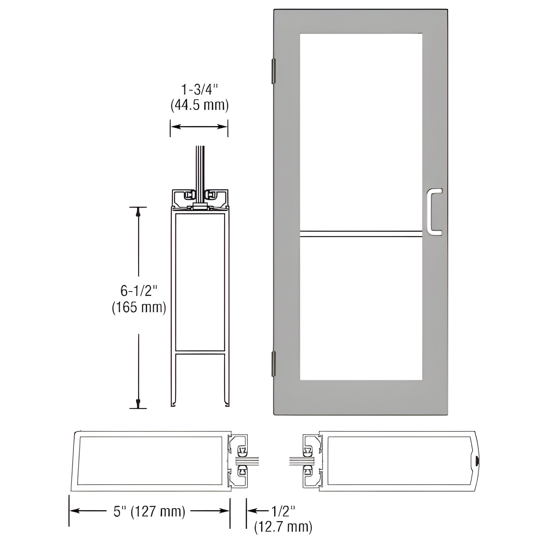 CRL-U.S. Aluminum Clear Anodized 550 Series Wide Stile Inactive Leaf of Pair 3'0 x 7'0 Offset Hung with Butt Hinges for Surf Mount Closer Complete Door Std. MS Lock and Bottom Rail