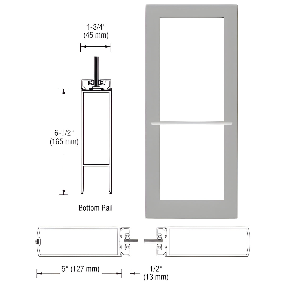 CRL-U.S. Aluminum Clear Anodized 550 Series Wide Stile Inactive Leaf of Pair 3'0 x 7'0 Center Hung for OHCC w/Standard Push Bars Complete Door Std. MS Lock and Bottom Rail