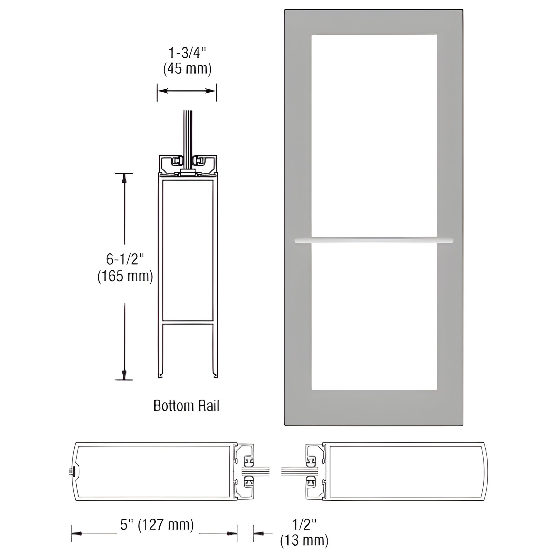 CRL-U.S. Aluminum Clear Anodized 550 Series Wide Stile Inactive Leaf of Pair 3'0 x 7'0 Center Hung for OHCC w/Standard Push Bars Complete Door Std. MS Lock and Bottom Rail