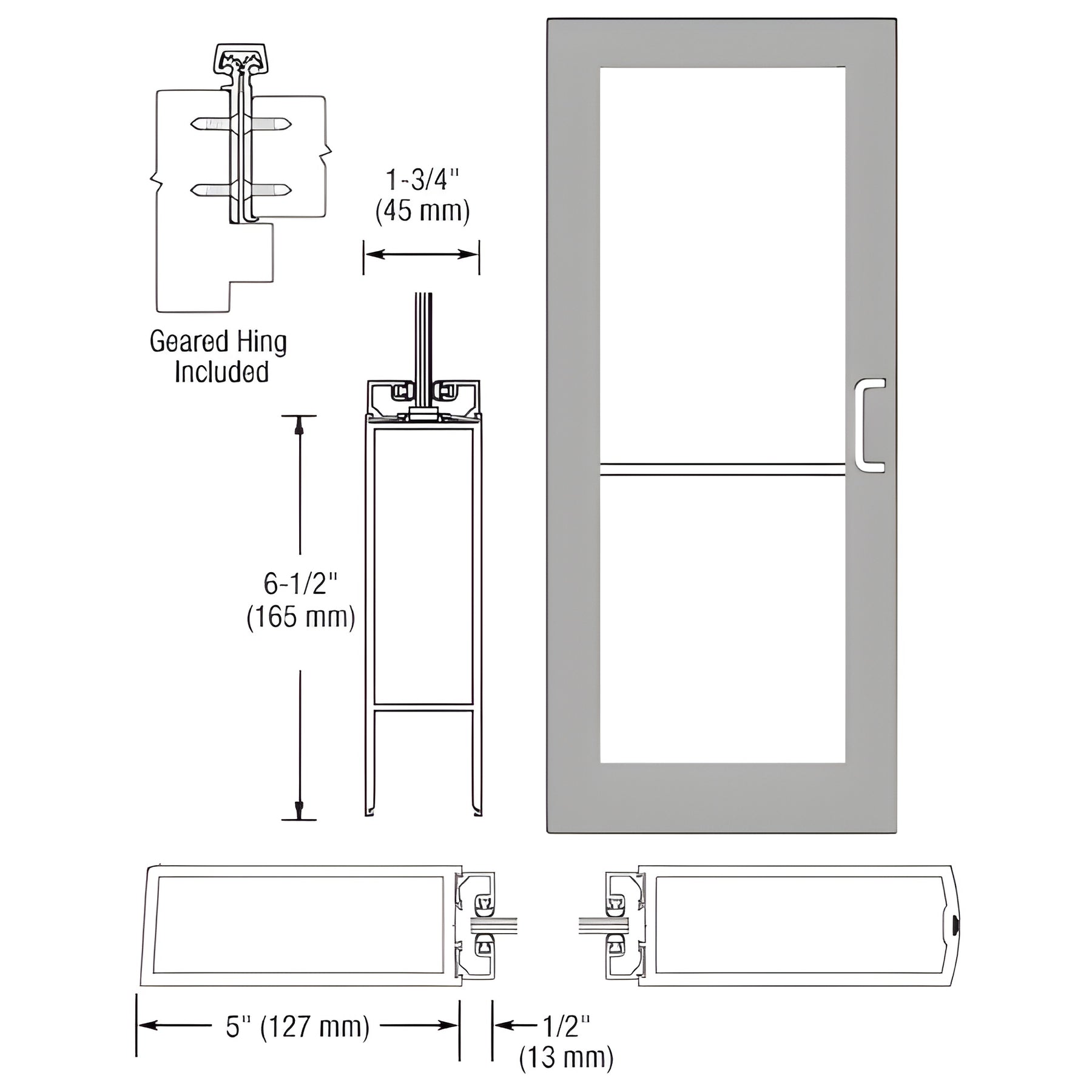 CRL-U.S. Aluminum Clear Anodized 550 Series Wide Stile Inactive Leaf of Pair 3'0 x 7'0 Offset Hung with Geared Hinged Complete Door Std. MS Lock and Bottom Rail