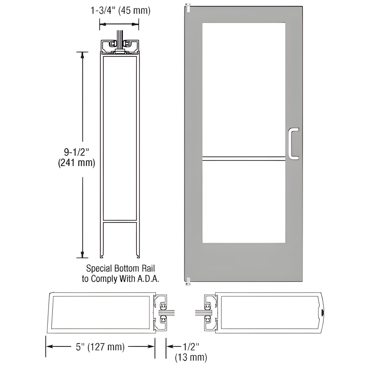 CRL-U.S. Aluminum Clear Anodized 550 Series Wide Stile Inactive Leaf of Pair 3'0 x 7'0 Offset Hung with Pivots for Surf Mount Closer Complete Door Standard Lock and 9-1/2" Bottom Rail for 1/4" Glass with Standard MS Lock and Bottom Rail