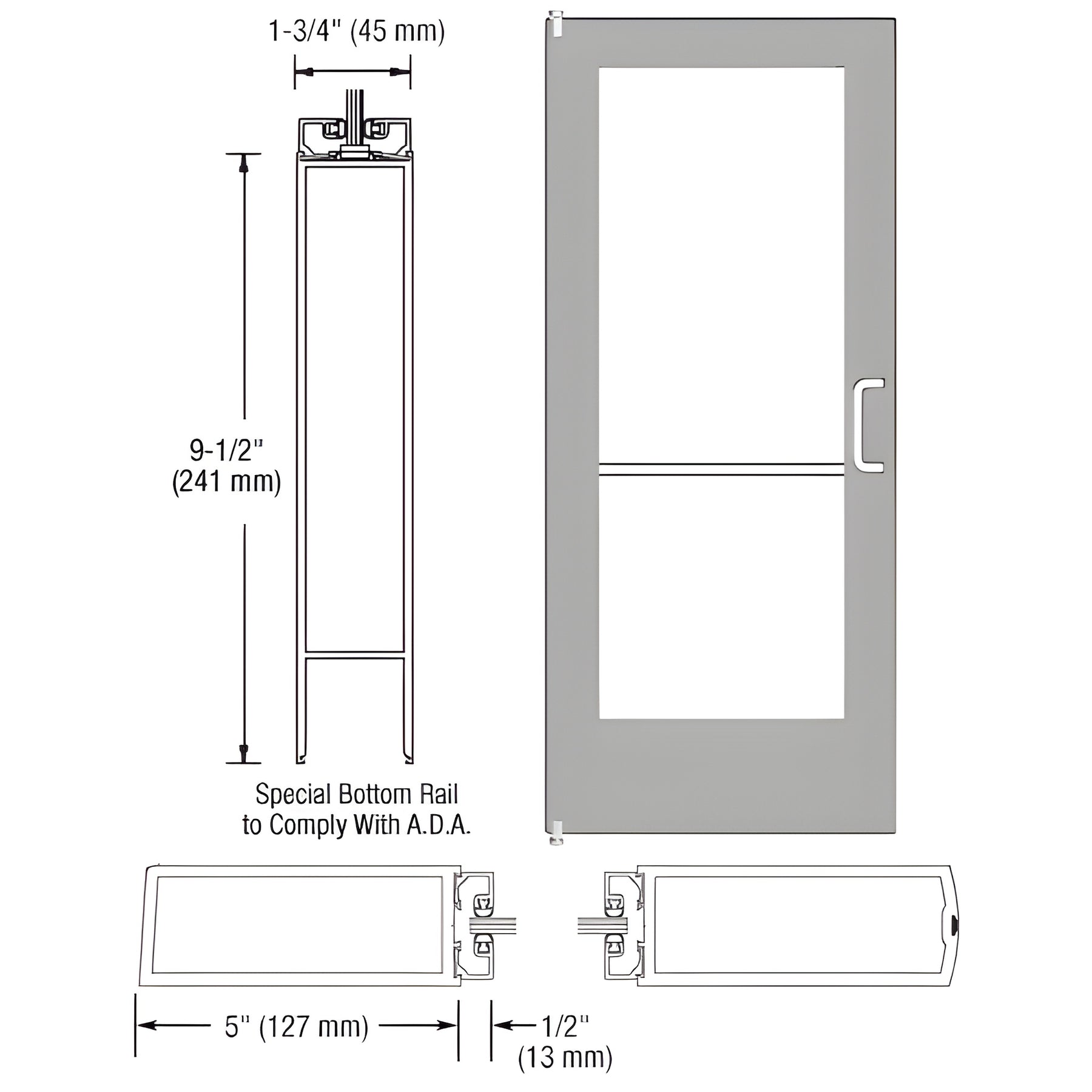 CRL-U.S. Aluminum Clear Anodized 550 Series Wide Stile Inactive Leaf of Pair 3'0 x 7'0 Offset Hung with Pivots for Surf Mount Closer Complete Door Standard Lock and 9-1/2" Bottom Rail for 1/4" Glass with Standard MS Lock and Bottom Rail