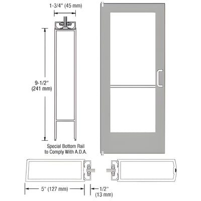 CRL-U.S. Aluminum Clear Anodized 550 Series Wide Stile Inactive Leaf of Pair 3'0 x 7'0 Offset Hung with Pivots for Surf Mount Closer Complete Door Standard Lock and 9-1/2" Bottom Rail for 1/4" Glass with Standard MS Lock and Bottom Rail