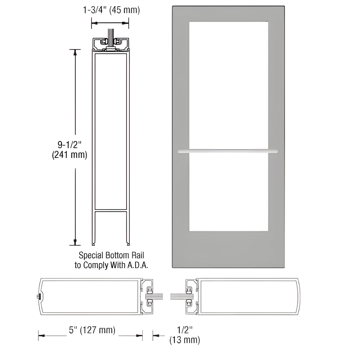 CRL-U.S. Aluminum Clear Anodized 550 Series Wide Stile Inactive Leaf of Pair 3'0 x 7'0 Center Hung for OHCC w/Standard Push Bars Complete Door Std. Lock and 9-1/2" Bottom Rail