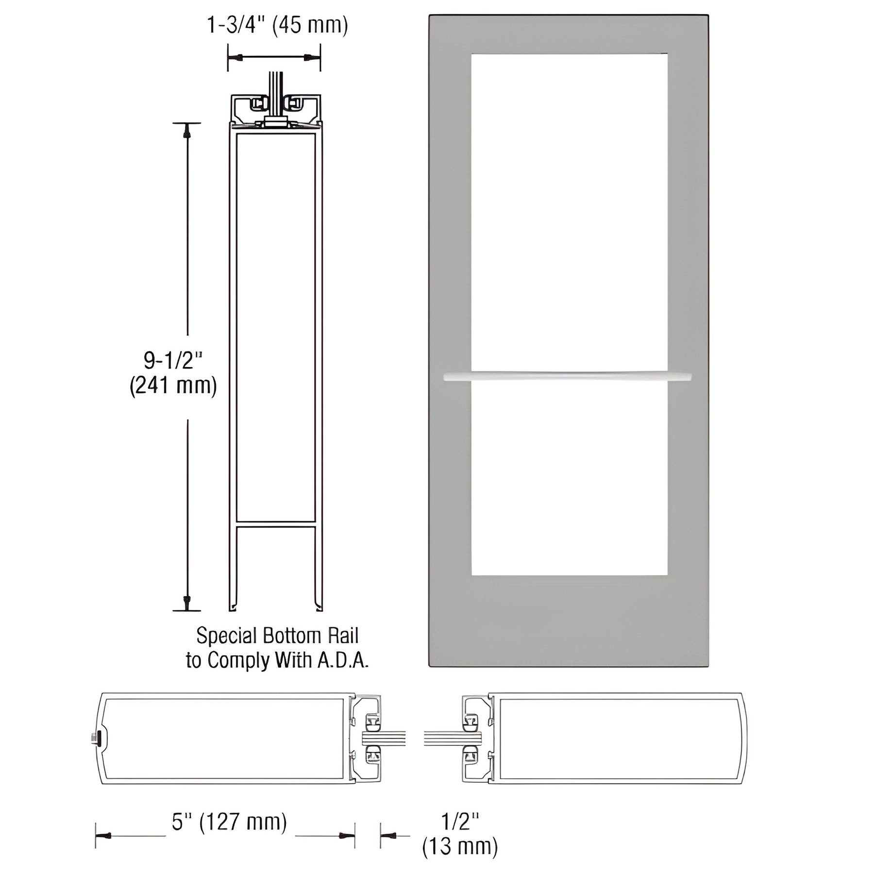 CRL-U.S. Aluminum Clear Anodized 550 Series Wide Stile Inactive Leaf of Pair 3'0 x 7'0 Center Hung for OHCC w/Standard Push Bars Complete Door Std. Lock and 9-1/2" Bottom Rail