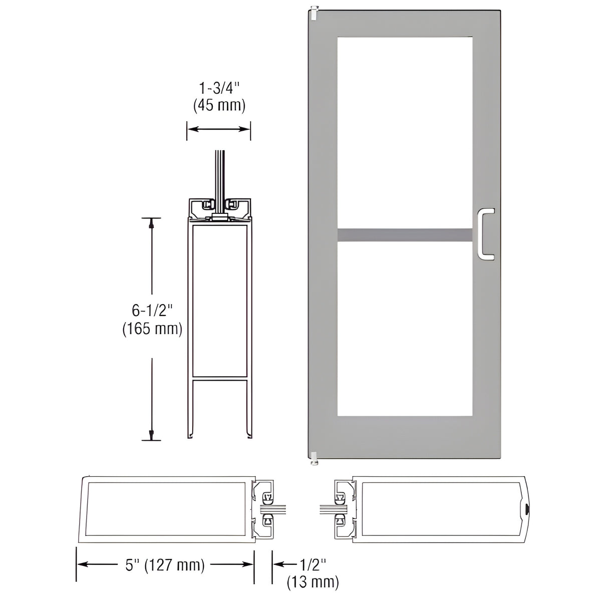 CRL-U.S. Aluminum Clear Anodized 550 Series Wide Stile Inactive Leaf of Pair 3'0 x 7'0 Offset Hung with Pivots for Surf Mount Closer Complete Panic Door with Std. Panic and Bottom Rail