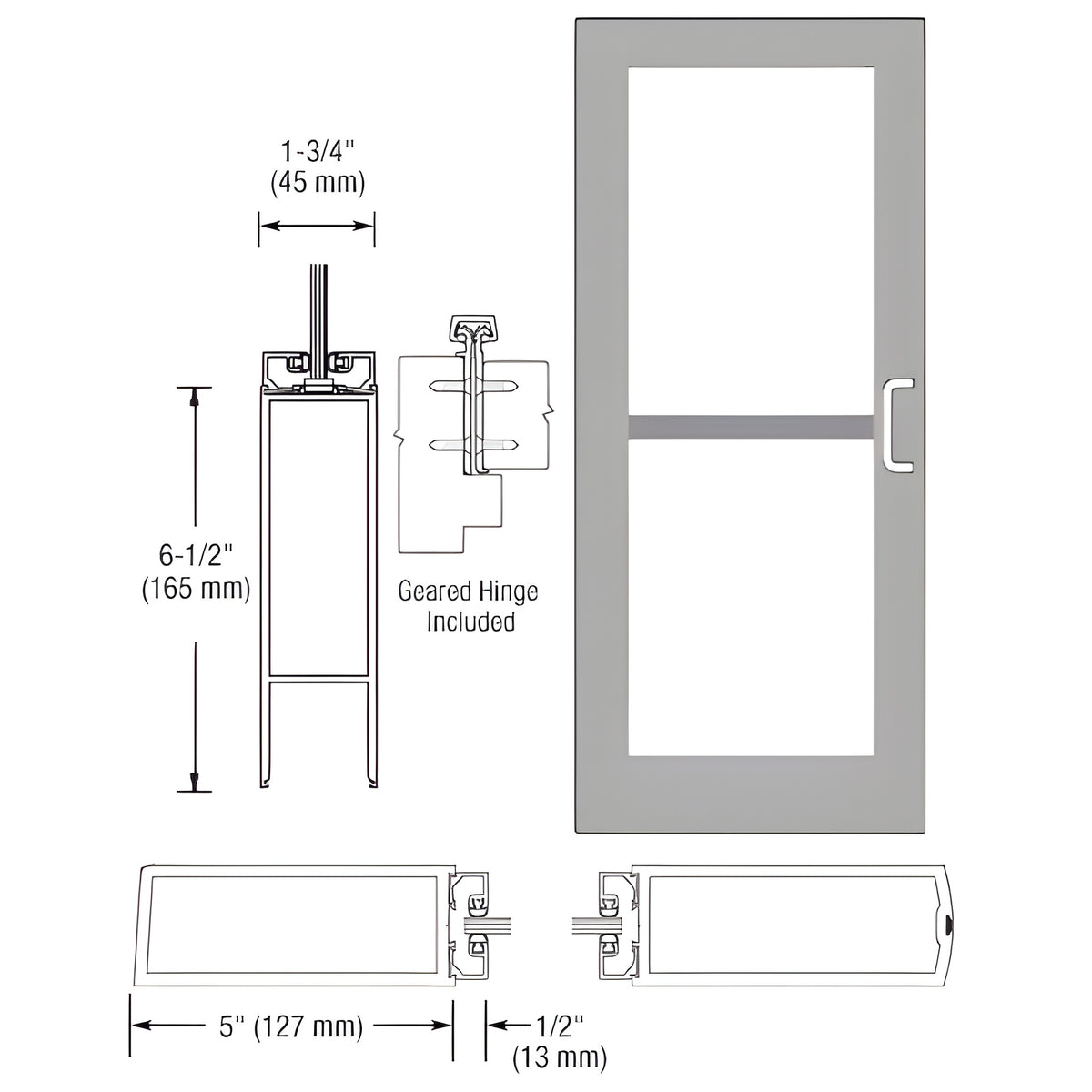 CRL-U.S. Aluminum Clear Anodized 550 Series Wide Stile Inactive Leaf of Pair 3'0 x 7'0 Offset Hung with Geared Hinged Complete Panic Door with Std. Panic and Bottom Rail